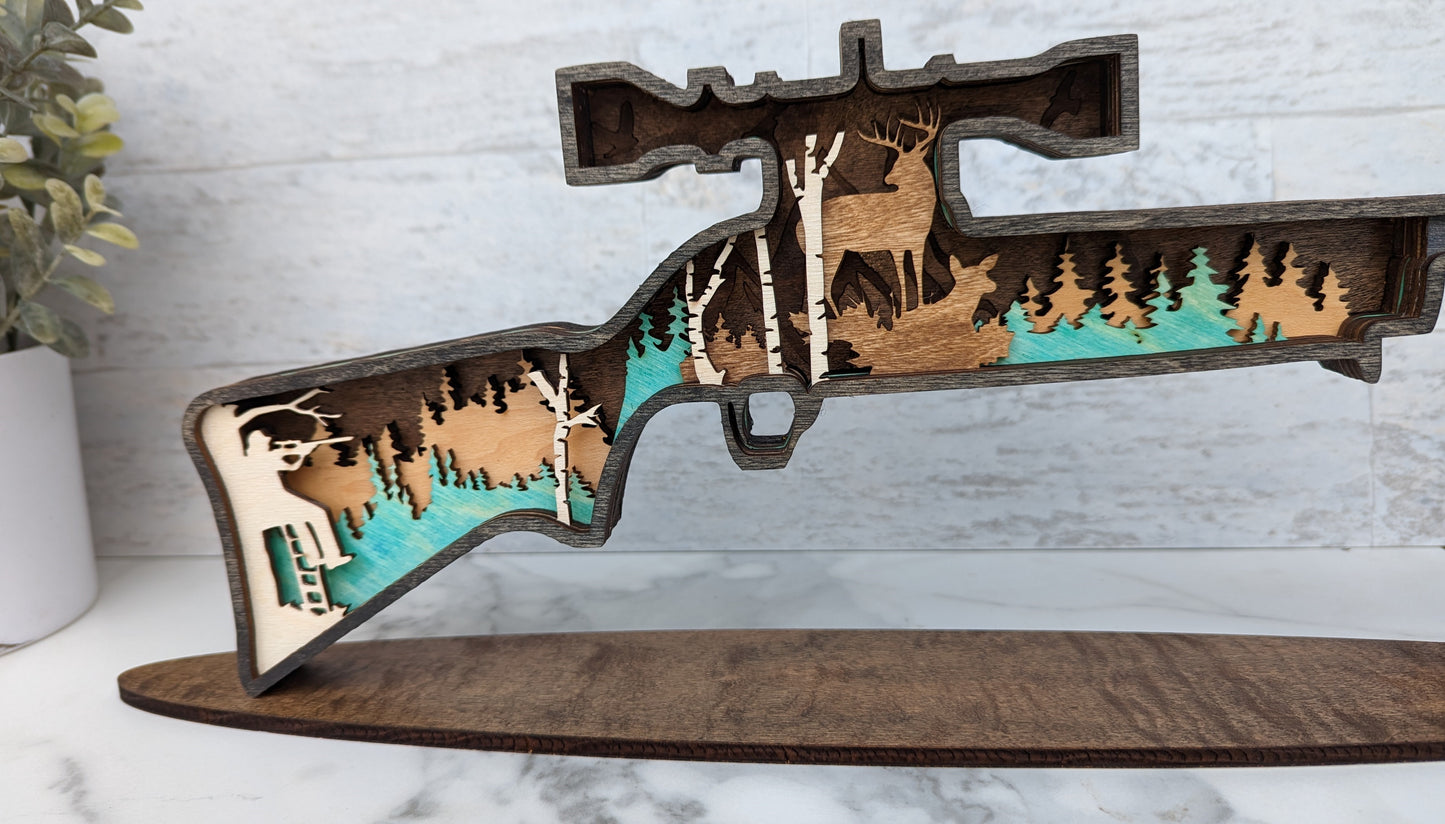 Deer Hunting Rifle 3D Wood Laser Cut Decor